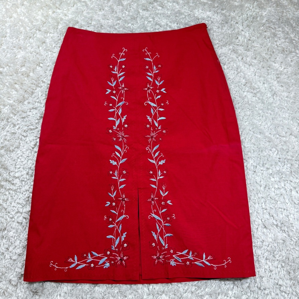 Ann Taylor Skirt 6 Red Embroidered Floral Pencil Boho VTG Rodeo Coquette Western